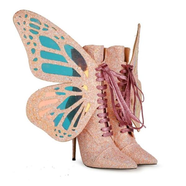 

boots us4-12 womens sequins bling match colors butterfly wing decor ankle stilettos high heel lace up shoes 3colors, Black