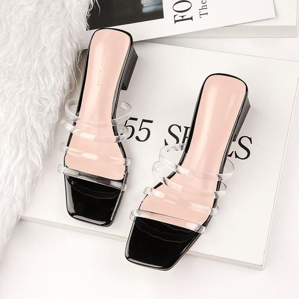 

slippers brand woman transparent narrow band design outdoor square heeled casual slides fashion summer ladies sandals shoes, Black