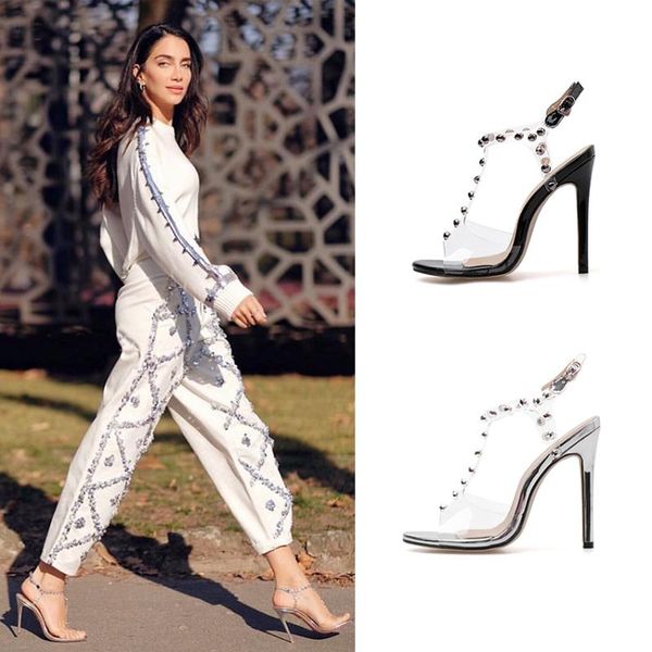 

women sandals shoes celebrity wearing simple style pvc clear transparent strappy buckle high heels woman, Black