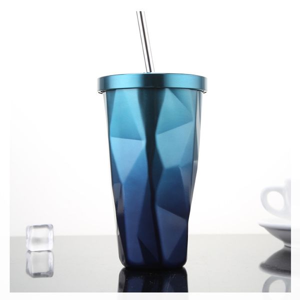 17 oz Çift Katmanlı Paslanmaz Çelik Tumblers Rhombus Kahve Kupa Vakum Şişesi Gradyan Şeklinde Su Kupası Kapaklı Saman Drinkware YL0307