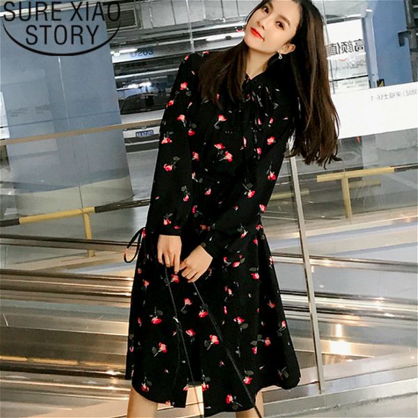 

single-breasted autumn long dress flora lantern sleeve black a-line full button bow elegant dresses 2599 50 210417, Black;gray