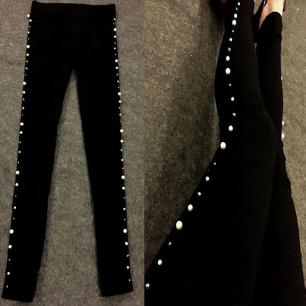 

rhinstone trousers cotton stretch rivet women leggings beading pant, Black