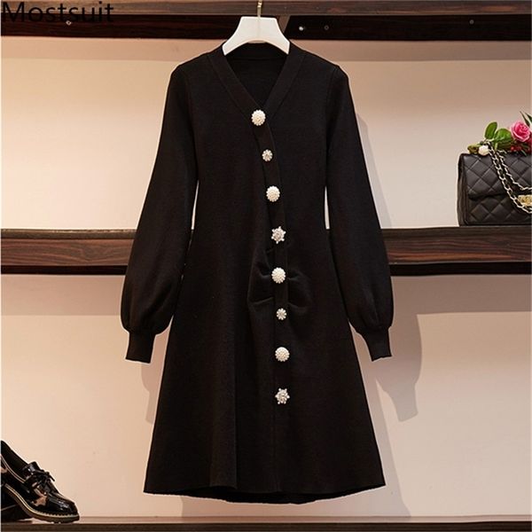 

winter black knitted v-neck pearl buttons dress women lantern sleeve single breasted a-line pleated dresses vestidos mujer 210513, Black;gray