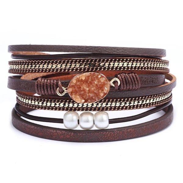 

oval stone women's fashion multi-layer bracelet with magnetic button, Golden;silver