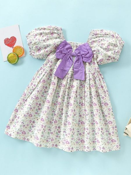 

toddler girls floral print bow puff sleeve dress she, Red;yellow