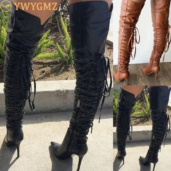 

boots women fashion over the knee high heel thigh lace up long pointed toe bandage booties, Black