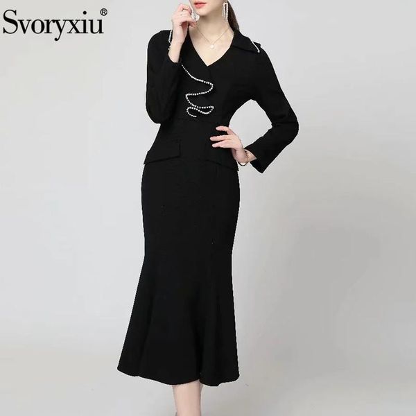 

casual dresses svoryxiu autumn fashion woman black midi fishtail dress v-neck beaded ruffles solid slim party evening elegant, Black;gray