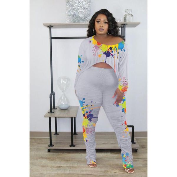 

women's two piece pants splash ink fall winter 2pcs casual outfit long sleeve drawstring hem irregular tight pleated trousers s-5xl clo, White