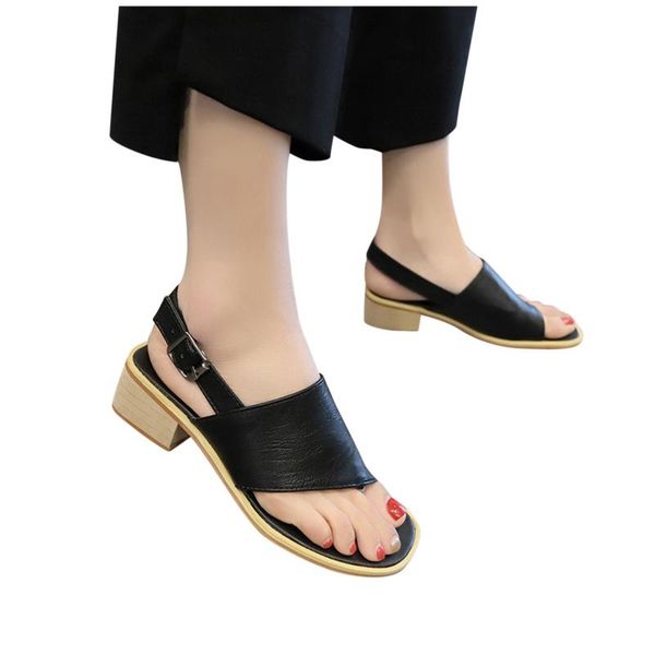 

women summer fashion large size belt buckle solid color flip flops thick heel sandals for ladies, Black