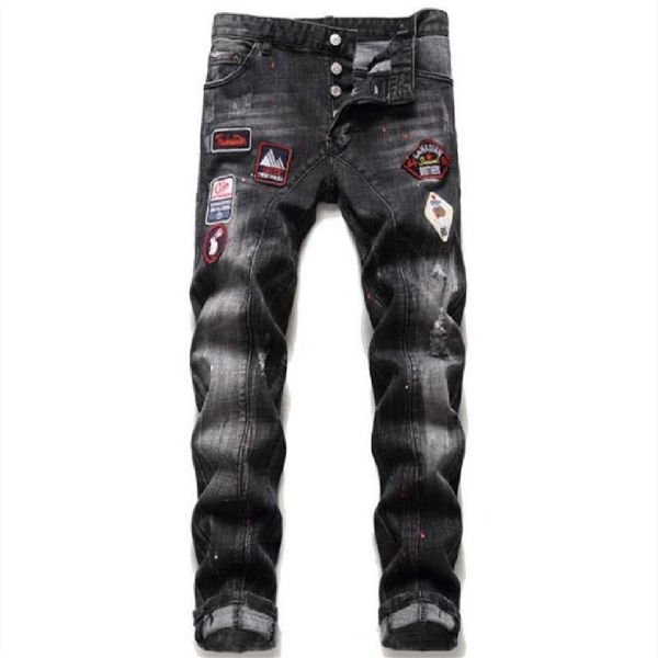 

men's jeans men's wear white do old splash-ink slim torn hole paste stretch european and american fashion, Blue