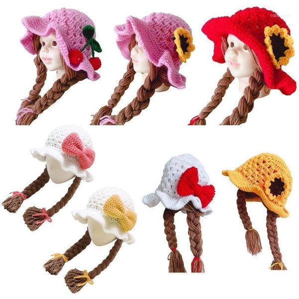 

cute idyllic handmade knitted baby girl twist braid hat infant wigs brades kid1, Yellow