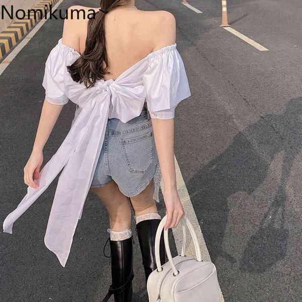 Nomikuma Camisa Branca Mulheres Cruz Laço Arco Blusa Verão Temperamento Moda Moda Sexy Top Blusas Mujer Streetwear 210514