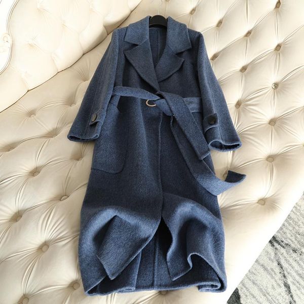 

women's wool & blends 100% coat 2021 elegant double faced cashmere outwear alpaca long slim female overcoat blue jacket, Black