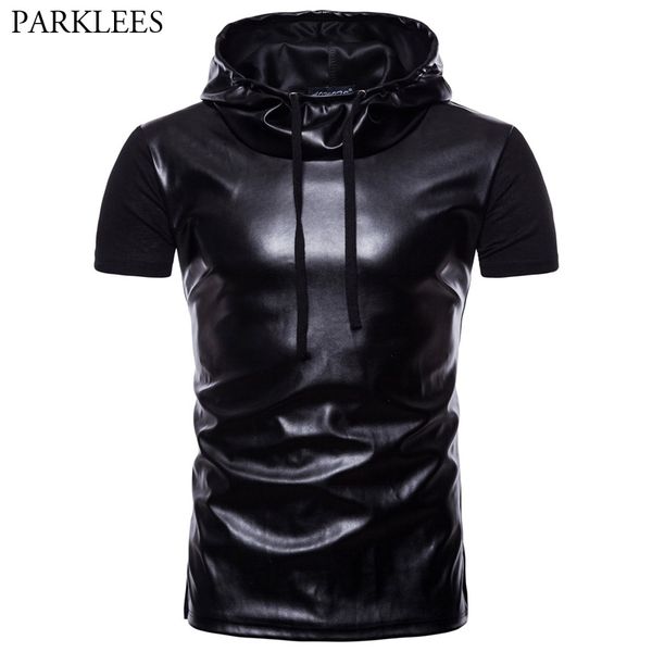 

mens nightclub black hoodie tshirt short sleeve patchwork pu leather pullover t shirt men hip hop hipster streetwear tee 210522, White;black