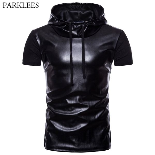 Mens NightClub Black Hoodie Tshirt с коротким рукавом пэчворк PU кожаный пуловерная футболка мужская хип-хоп хипстер-стрит одежды Tee 210522