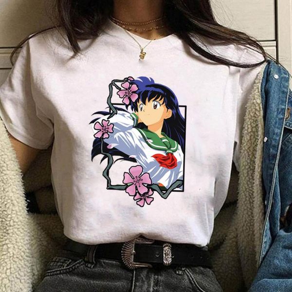

inuyasha japanese anime female t-shirt fashion short sleeve round neck women's, White