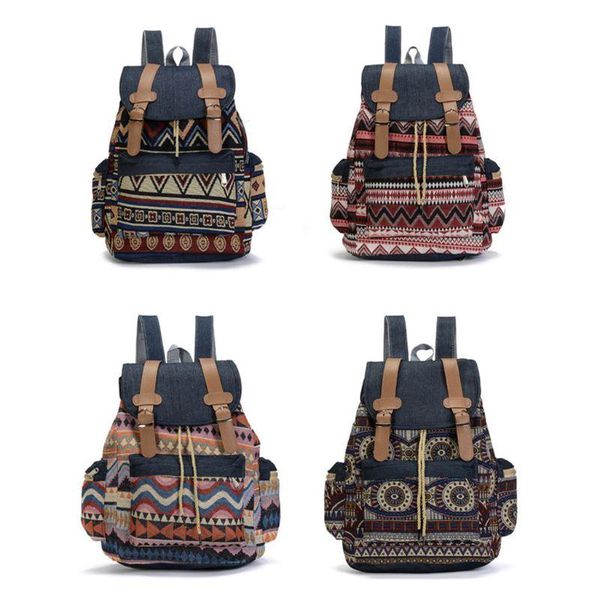 

school bag boho retro vintage women backpack drawstring printing canvas bagpack multi-function rucksack female bags