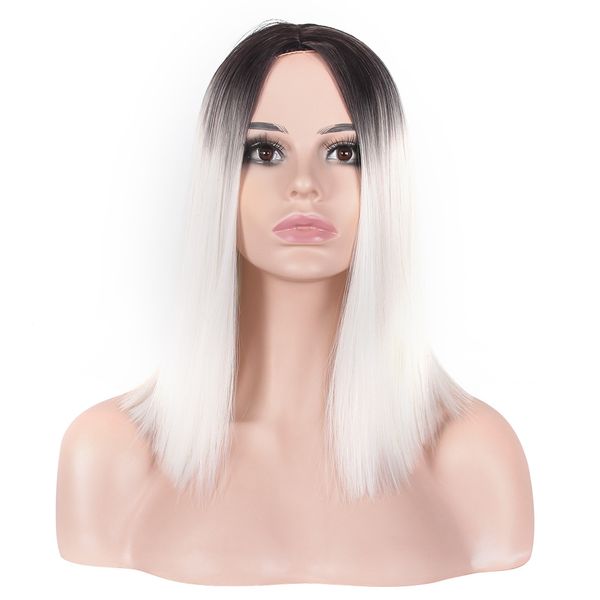 

woodfestival short straight wig black white ombre carve hair wigs for women heat resistant fiber cosplay 35cm daily wear
