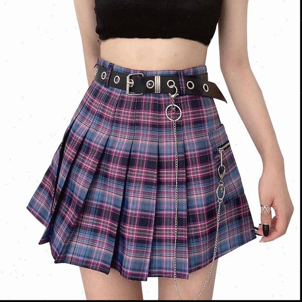 

harajuku plaid y2k womens skirts high waist mini tennis uniform chain pocket a line streetwear vintage belt, Black