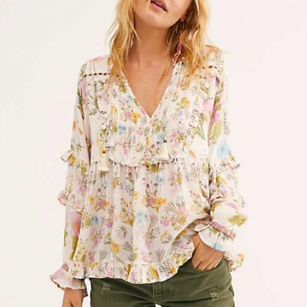 

women's blouses & shirts vintage chic happie women beach floral print bohemian blouse shirt ladies v-neck flare sleeve lace-up loose bo, White