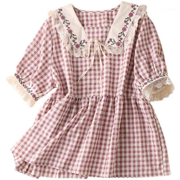 

women's blouses & shirts shuchan plaid women 60% linen + 40% cotton embroidery turn-down collar natural fiber blusas, White