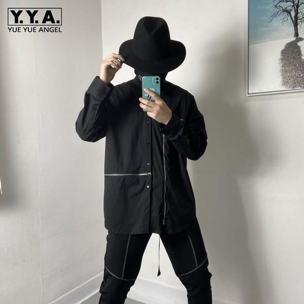 

men's casual shirts men harajuku long sleeve zipper design hip hop spring single breasted square collar male plus size 2xl, White;black