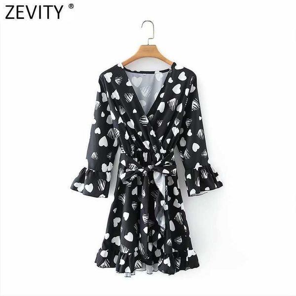 Zevity Donna Vintage Scollo a V Cuori Stampa Pieghe arricciate Mini abito Donna Manica tre quarti Fiocco Telai Una linea Vestido DS4992 210603