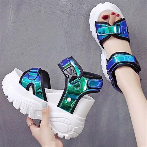 

platform women sandals muffin bottom 2021 symphony chunky 12cm high heel student increase summer beach shoes sandalias mujer, Black