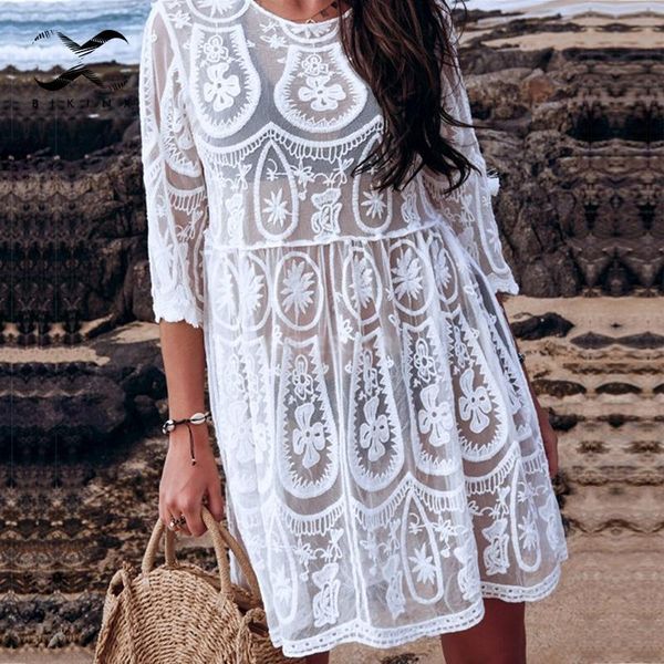 

vintage print cover-ups 2021 transparent beach wear women lace hollow out summer swimsuit female bandage long dress women's swimwear, White;black