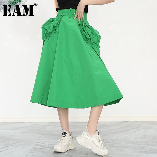 

[eam] high waist green casual ruffles long pocket temperament half-body skirt women fashion spring autumn 1s55406 210512, Black