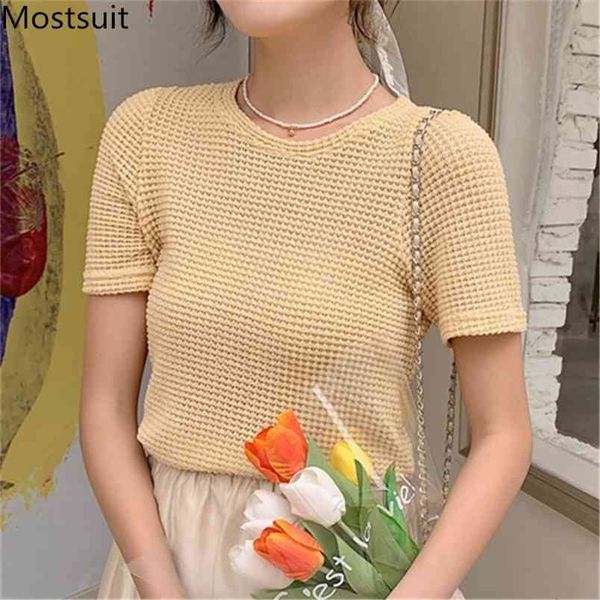 

summer knitted t shirt women short sleeve o-neck hollow fashion ladies solid basic tees t-shirt femme 210513, White