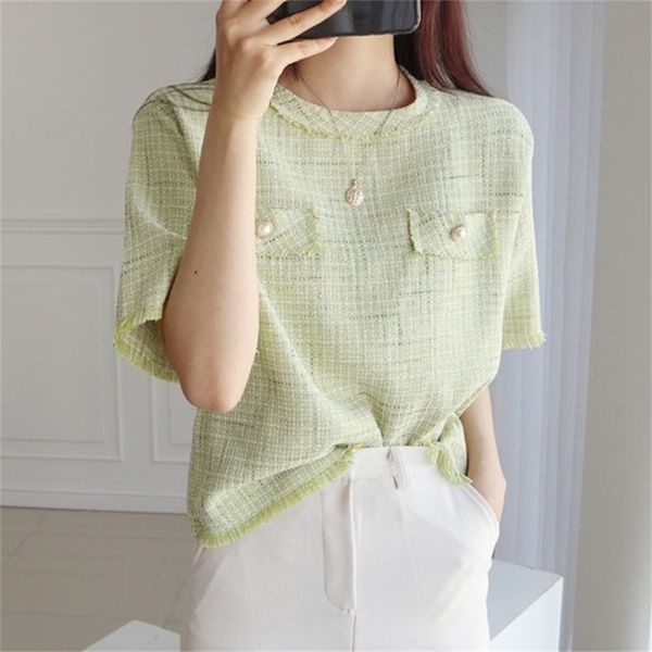 

fashion women thin tweed short sleeve t-shirt korea summer vintage elegant pullover casual 210519, White