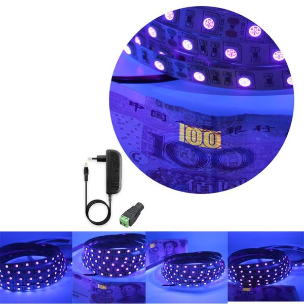 

strips 12v uv smd non waterproof ultraviolet 395-405nm led flexible strip tape ribbon lamp for dj fluorescence + power adapter