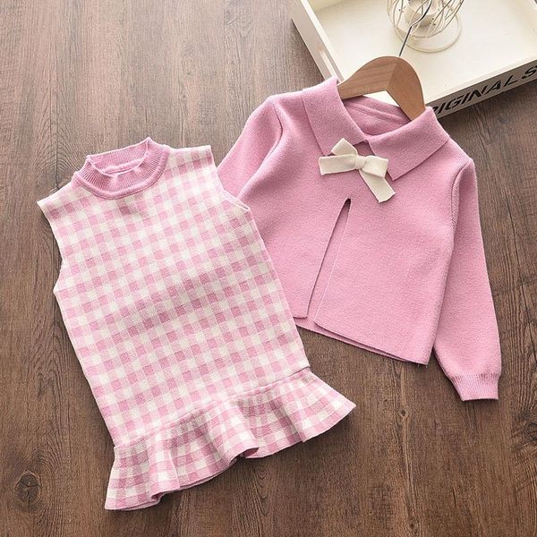 Menoea Bebek Kız Kış Giyim Takımları Sonbahar Çocuklar Sevimli Bow Sweaters Ceket Ekose Elbise Kızlar Elegant Giysiler Setleri 2 PCS