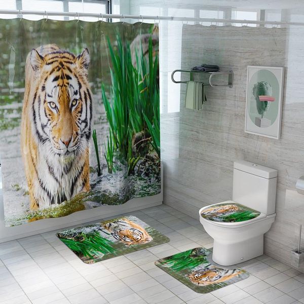

bath mats 4pcs/set lion animal print bathroom shower curtain non slip mat absorbent carpet toilet seat cover pedestal rug lid