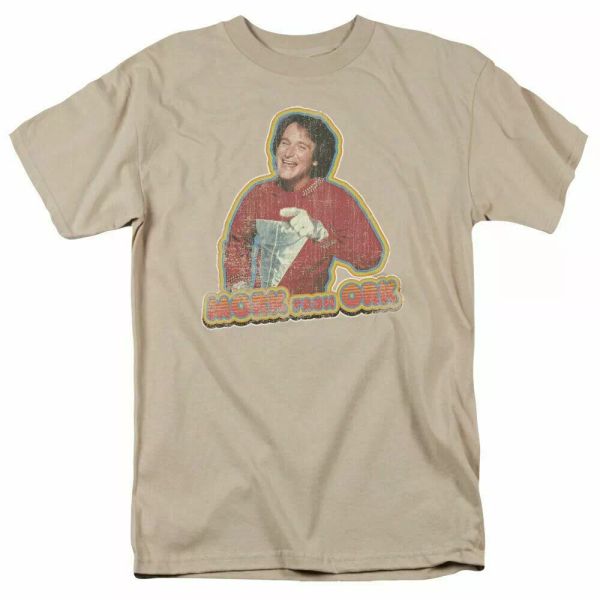 

mork and mindy mork iron on t shirt mens licensed classic tv show sand, White;black
