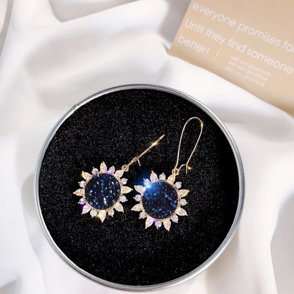 

applicable beautiful girl's sky blue sun flower earrings long style earrings face thin net red earrings diamond jewelry, Golden