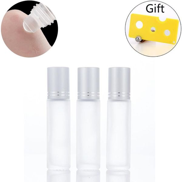 

6pcs 10ml clear frosted glass roll on bottle storged essential oil perfume vials with roller ball + 1pcs opener storage bottles & jars