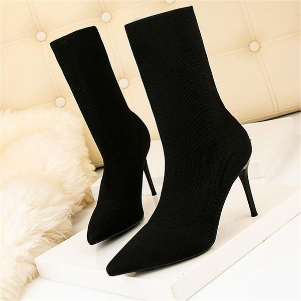 

pointed toe sock boots knitting stretch high heels for women fashion shoes 2021 autumn wild booties female, Black