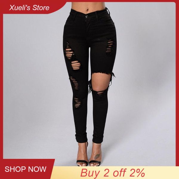 

women's jeans 2021 spring sumer women high waist big hole elastic tight skinny girls slim ripped denim pencil pants trousers, Blue