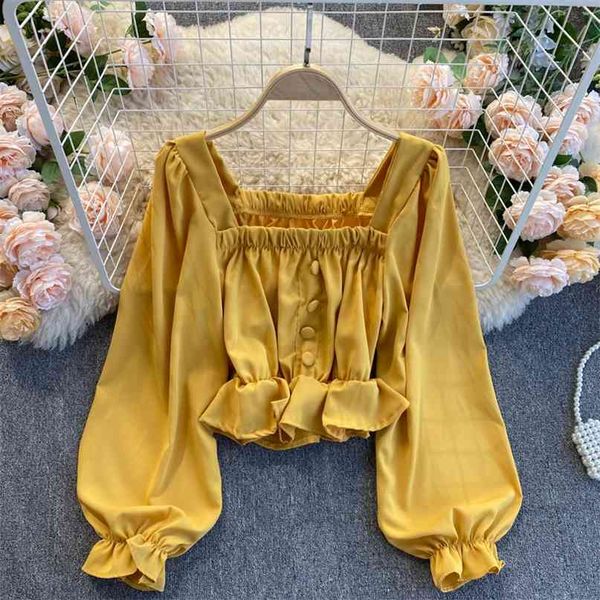 

spring long-sleeved women's blouse fashion square neck slim short solid color shirt clothes q658 210527, White