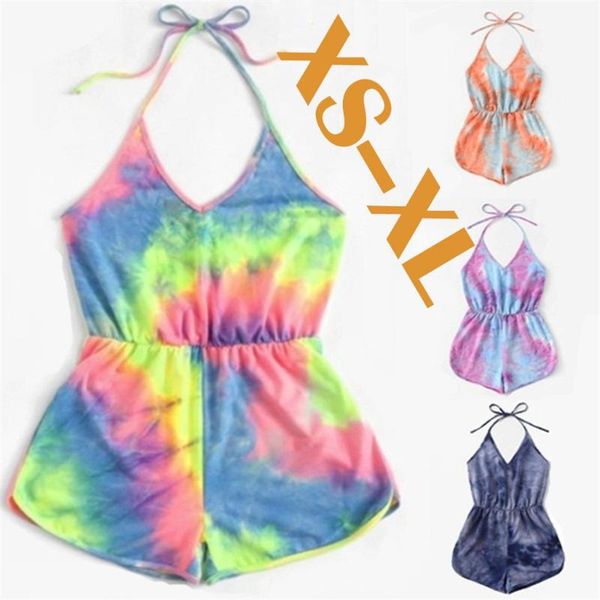 

women's jumpsuits & rompers summer jumpsuit women sleeveless strappy short playsuits bodysuit tie-dye cami belt romper combinaison clot, Black;white