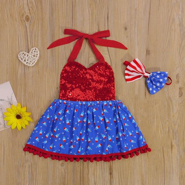 

girl's dresses 0-24m baby independence day clothes sequin ice cream print halter neck romper skirt hairband 2pcs outfits toddler clothi, Red;yellow