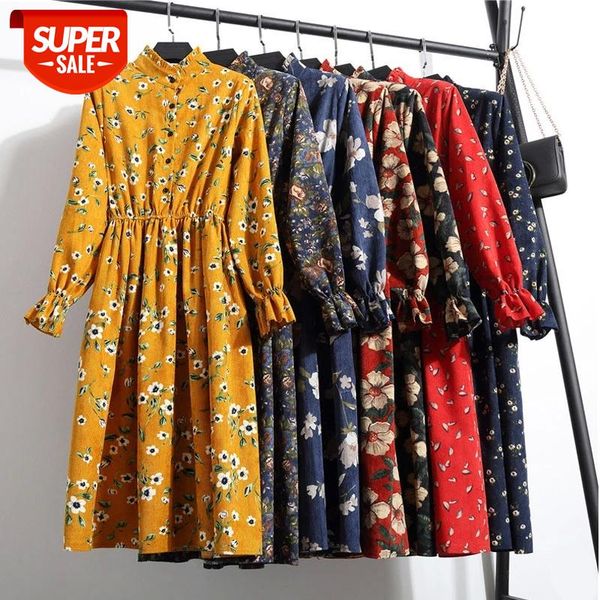

new autumn winter women casual dress elastic waist stand neck printed corduroy long sleeve vintage dropshipping #wl2a, White;black