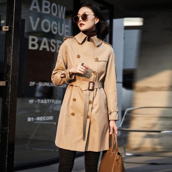 

women's trench coats brand womens clothes double-breasted long coat with belt classic casual designer, Tan;black