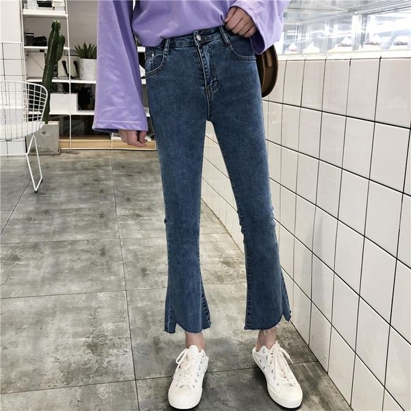 

women's jeans zoki flare for women spring mom pure cotton stretch high waist ankle-length vintage skinny female denim pants 2021, Blue