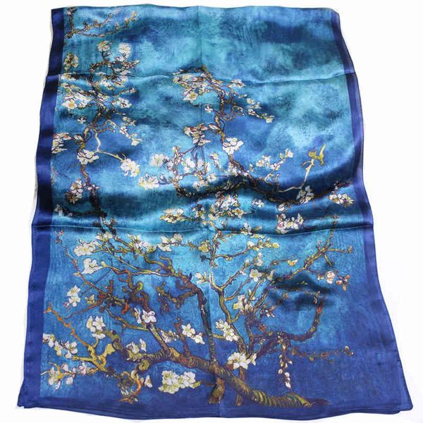 100% natural lenço de seda mulheres van gogh pintura a óleo bandana presentes para senhoras primavera damasco árvore digital impressão xaile foulard