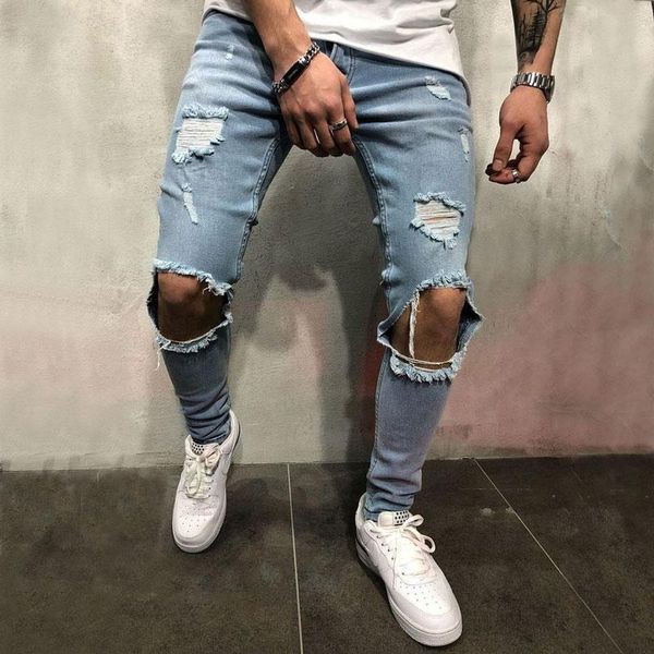 Jeans masculinos moda joelho homens slim rasgado alto estiramento magro afligido destruído azul jeans corredores hip-hop biker