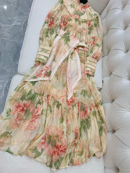 

[elfstyle] - romantic watercolour blooms beige espionage silk dress ruffled lace trims high neck waist sash belt balloon sleeve casual dress, Black;gray