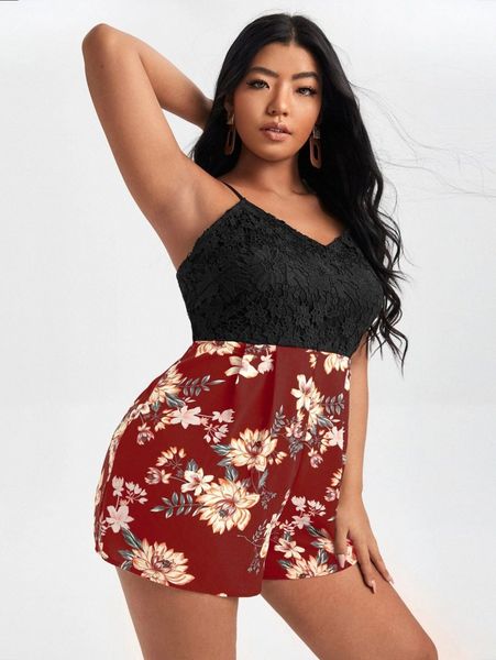 

plus contrast guipure lace floral cami romper y413#, Black